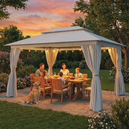4x3m Permanent Garden Gazebo | Double-Tier UPF50+ Polyester Roof | Mesh Netting & Privacy Curtains | Drainage Holes | Powder-Coated Metal Frame | 8 Expansion Screws & 8 Ground Stakes | 4 Guy Ropes | 400x300x270cm | Dark Grey