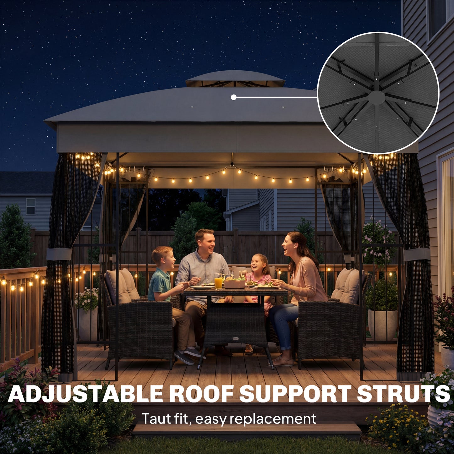 3x3m Permanent Garden Gazebo & Pavilion | Double-Tier UPF50+ Roof | Mesh Panels | Corner Shelves | Grey