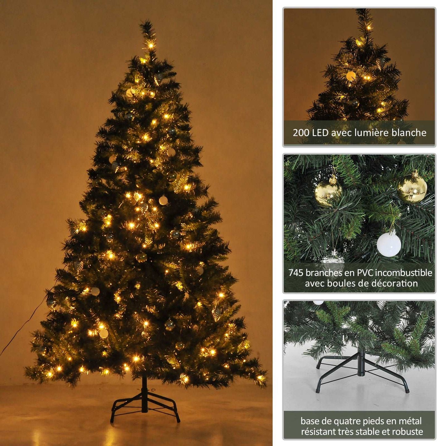 1.8m 6ft Pre Lit Christmas Tree 200 LED Holiday Décor With Decorative Balls Ornament Metal Stand