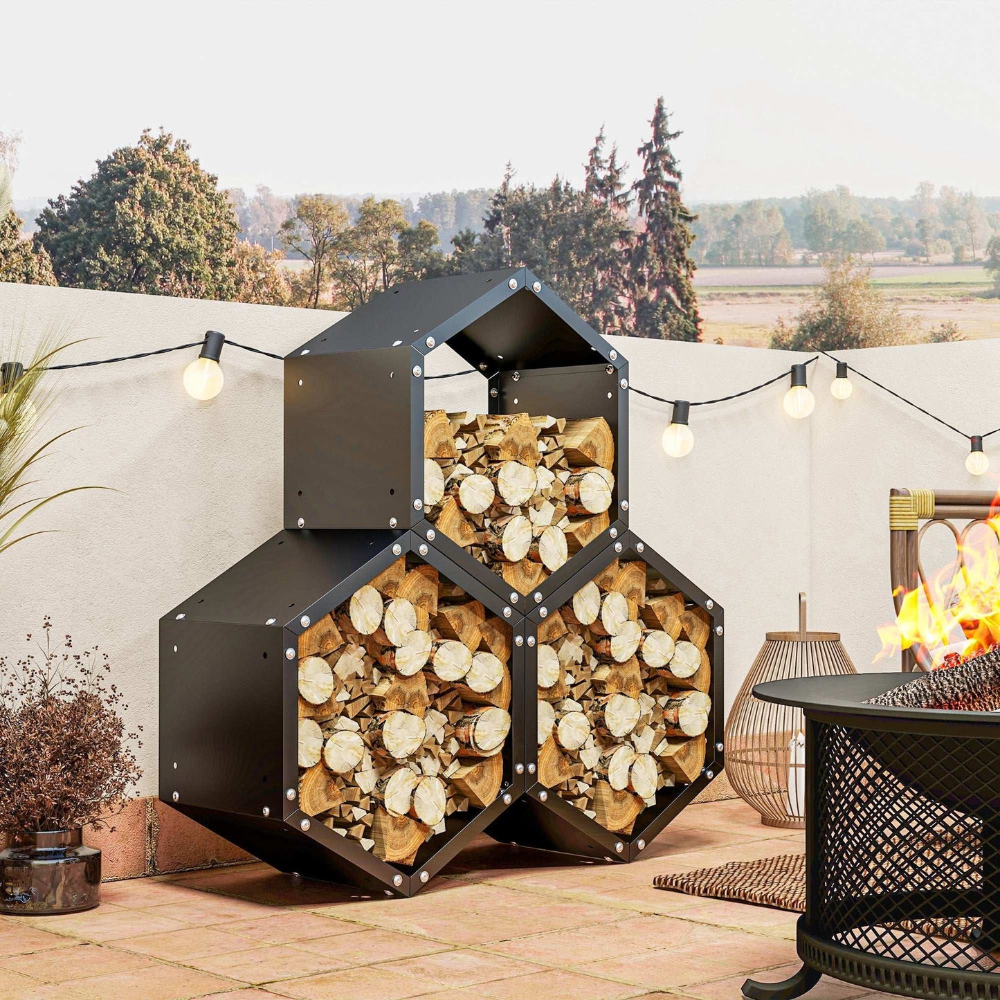 Outsunny Fireplace Log Rack, Steel Firewood Log Holder, 3 Hexagon Boxes, Indoor Outdoor Wood Storage Shelf, 113 x 37 x 113cm, Black