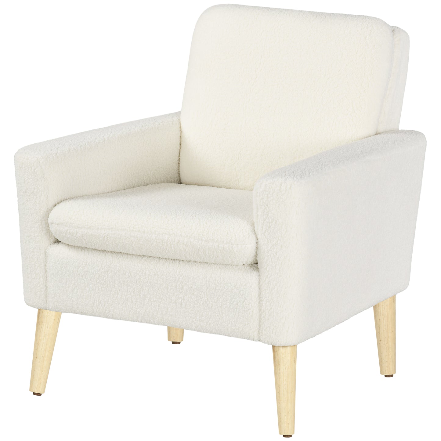 Modern Armchair, Upholstered Accent Chair with Wood Legs and Wide Padded Seat, Teddy Occasional Chair, Cream White