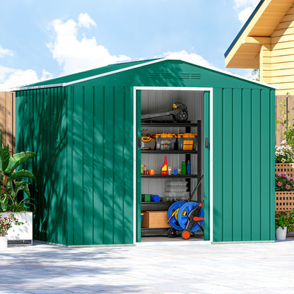 Large Galvanised Steel Garden Storage Shed | Double Sliding Door | 4 Ventilation Slots | Sloped Roof | 20kg/m² Snow Load | 236x171x191cm | Bikes Scooters Tools & Bins | Green