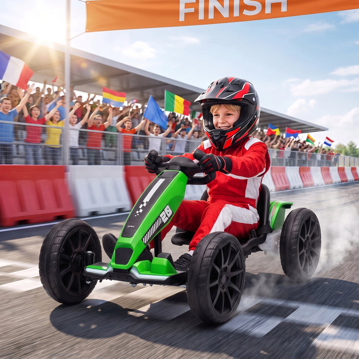 12V Electric Go Kart for Kids | Dual 35W Motors | Soft-Start | 4-Position Adjustable Length 83–98cm | Sliding Seat | LED Lights | EVA Wheels | 50 Min | 1.5–4km/h | 25kg | Age 3–6 | Green