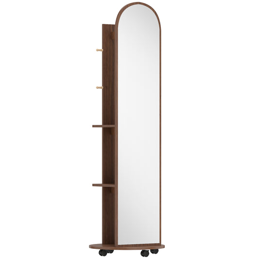2-in-1 Full-Length Floor Mirror with Hidden Back Storage Shelves | Coat Rack & Hooks | 4 Lockable Wheels | Shatter-Resistant Tempered Glass | 50x50x167cm | Brown Wood Effect