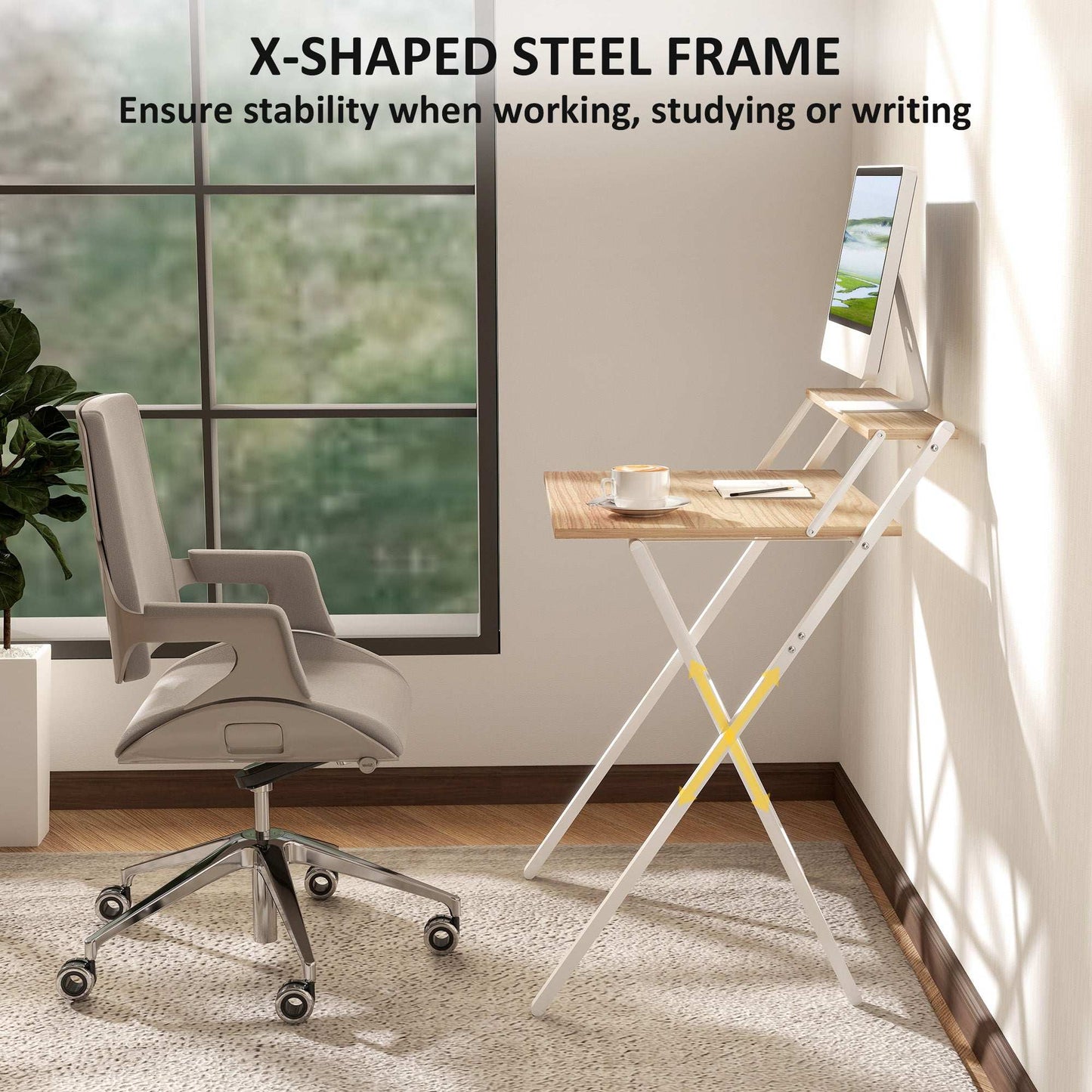 70 cm Folding Computer Desk with Monitor Shelf - Natural Wood Finish