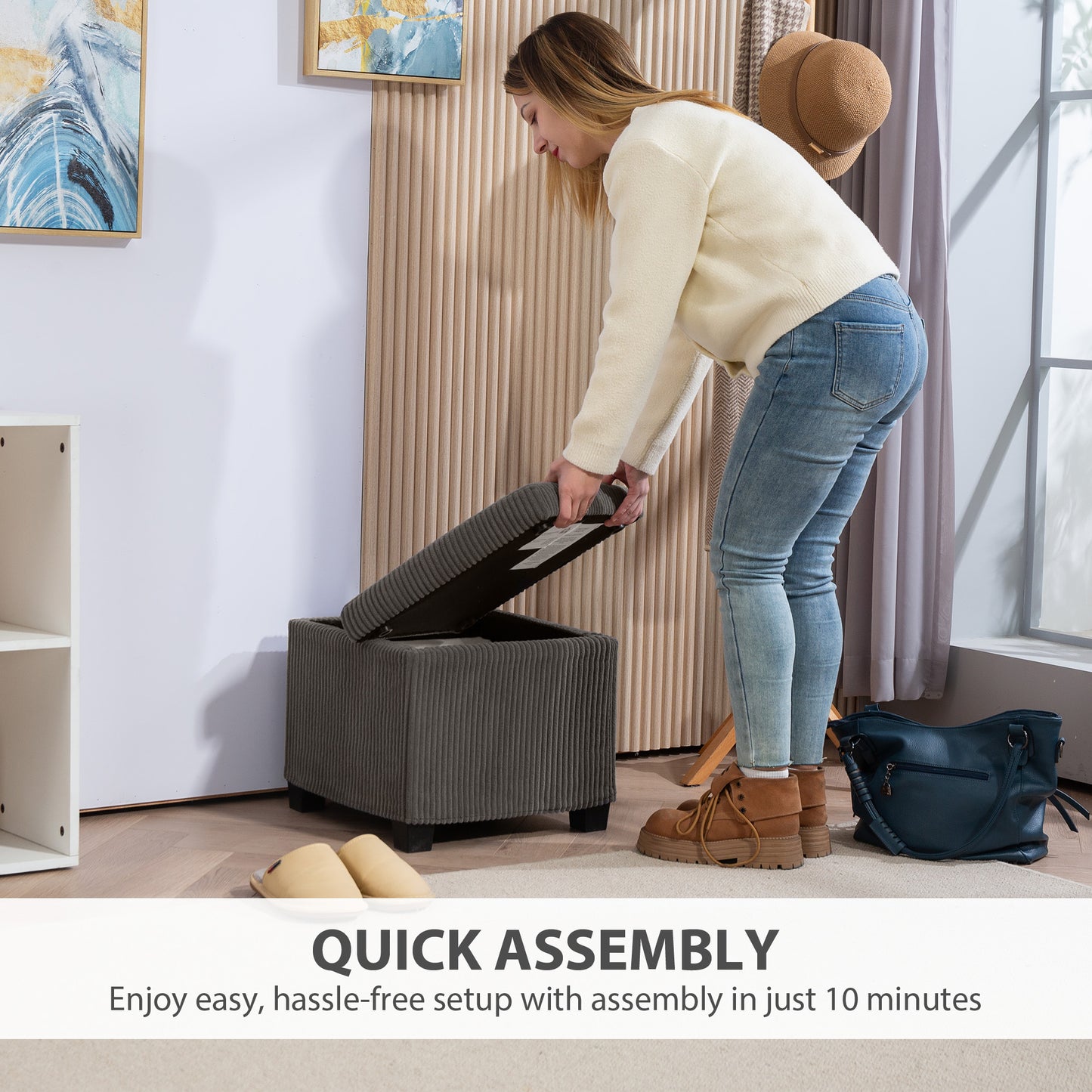 Storage Ottoman Bench, Corduroy Footstool with Removable Lid and Legs, 40cm Storage Chest Box for Living Room, Bedroom, Hallway, Grey