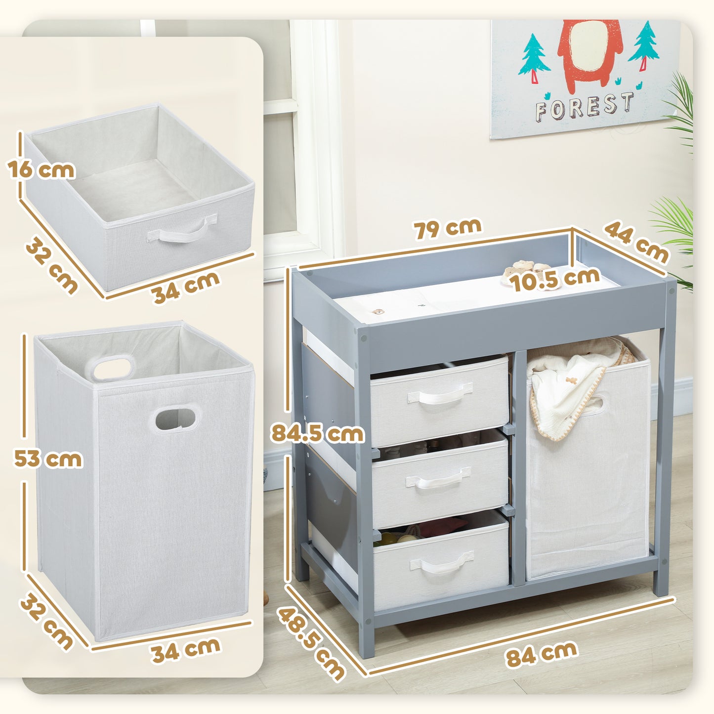 AIYAPLAY Baby Changing Unit with 4 Storage Drawers, Mat for Bedroom Nursery, 84 x 84.5 cm, Grey / White