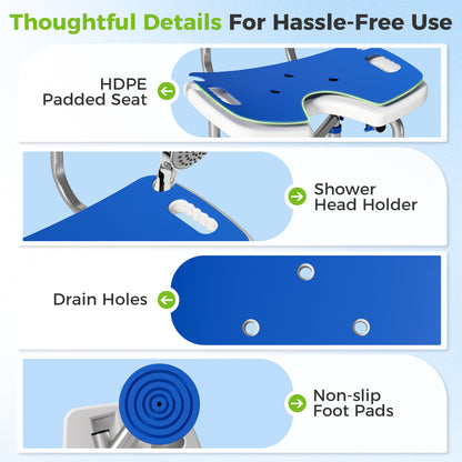 Height Adjustable Shower Chair | U-Shaped Cutout | HDPE Padded Seat | Drainage Holes | Shower Head Holder | Non-Slip Suction Feet | 150kg X-Frame | MDR-CE & FDA Certified | 39-49cm | Blue