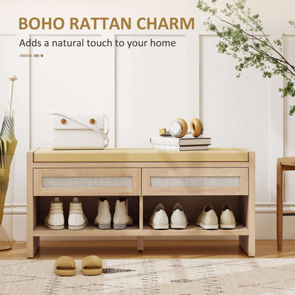 Boho Hallway Shoe Bench | 2 PE Rattan Drawers | Open Shelf | 5cm Foam Padded Seat for 2 | MDF Frame | 180kg Capacity | 105x35x50cm | Oak Wood Effect