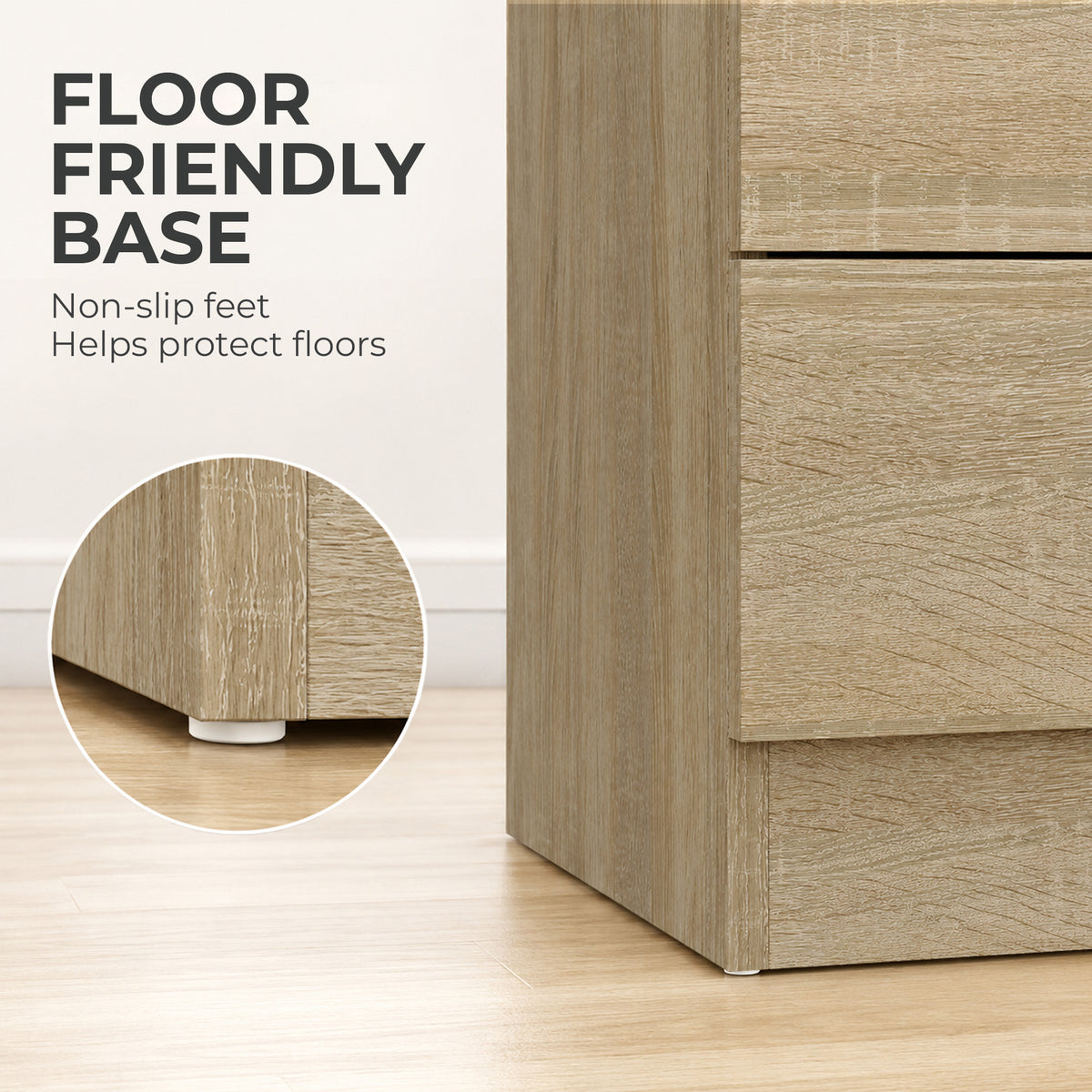 3-Drawer Bedside Table with Aluminium Handles & Wooden Glides | Oak Tone Melamine Finish | Non-Slip Pads | 40x35x58cm | 50kg Capacity | 10kg Per Drawer | Particleboard | Assembly Required