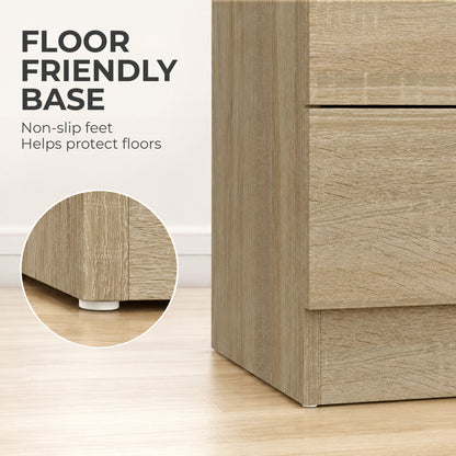 3-Drawer Bedside Table with Aluminium Handles & Wooden Glides | Oak Tone Melamine Finish | Non-Slip Pads | 40x35x58cm | 50kg Capacity | 10kg Per Drawer | Particleboard | Assembly Required