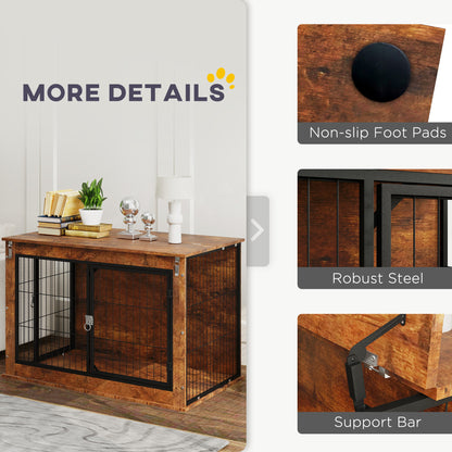Dog Crate Furniture Side Table | Flip-Up Top | Double Doors | 3-Sided Ventilation | Large Dogs up to 30kg | 98 x 60 x 65.5cm | Rustic Brown