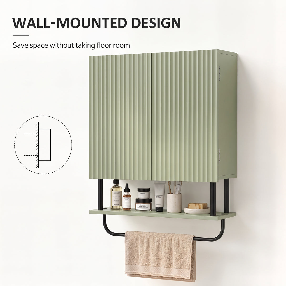 Bathroom Wall Cabinet | Modern Space Saver | Wall Mounted | Double Door Storage | Open Shelf | Towel Rail | Green