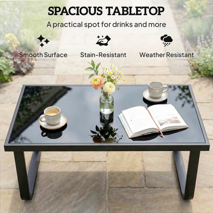 Rectangle Garden Coffee Table | Tempered Glass Top | Unique Leg Design | Adjustable Feet | 30kg | Black