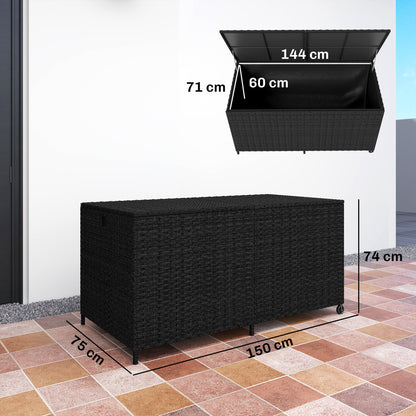 650L Rattan Garden Storage Box | 2 Wheels | Waterproof Zipped Liner | Gas-Assisted Lid | UV-Resistant PE Rattan | Powder-Coated Steel | 100kg | 150x75x74cm | Black
