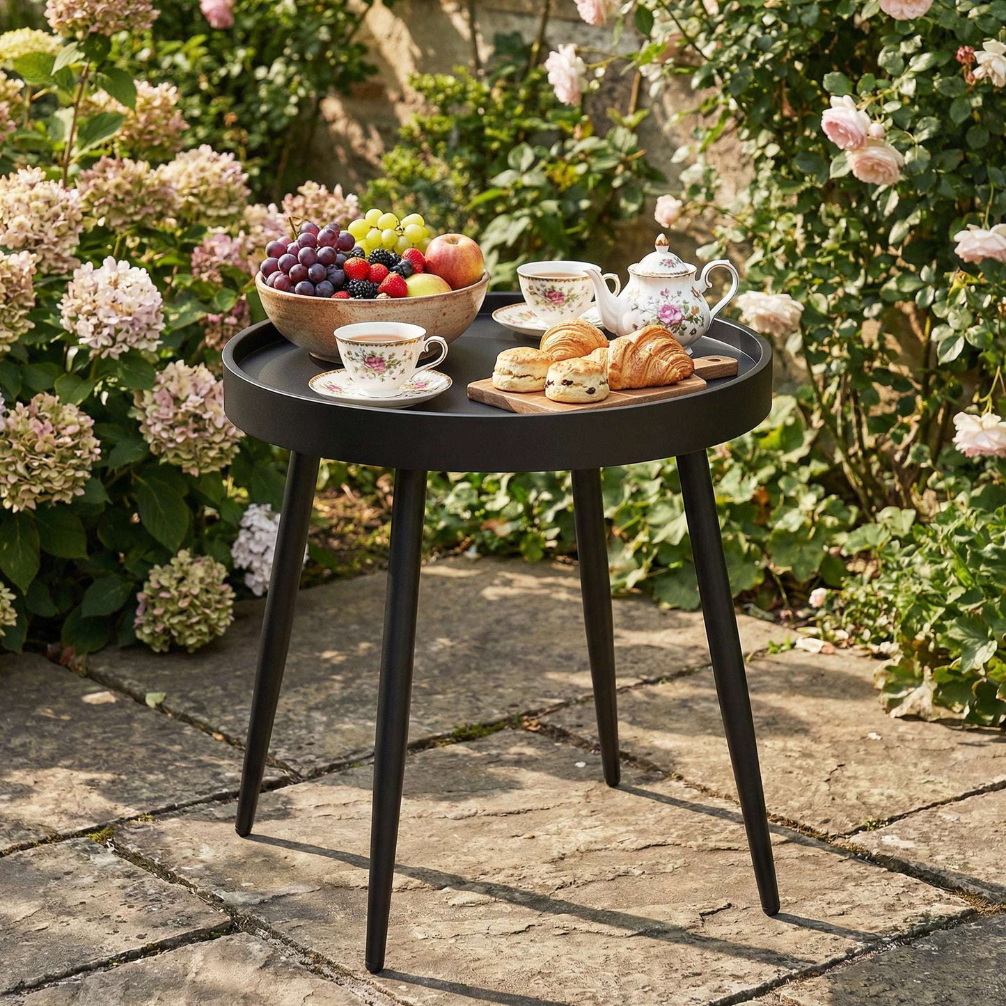 Round Garden Coffee & Side Table | 49.5cm | Tray-Style Weather-Resistant PP Top | Powder-Coated Metal Legs | Adjustable Foot Pads | 30kg Capacity | UV Resistant | Indoor & Outdoor | Black