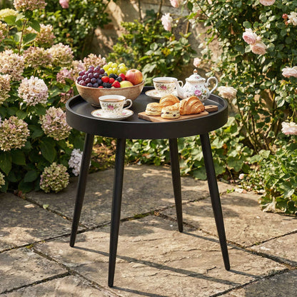 Round Garden Coffee & Side Table | 49.5cm | Tray-Style Weather-Resistant PP Top | Powder-Coated Metal Legs | Adjustable Foot Pads | 30kg Capacity | UV Resistant | Indoor & Outdoor | Black