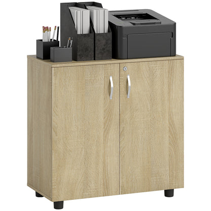 2 Tier Locking Office Storage Cabinet | 80x40x80cm | 2 Hinged Doors | Inner Shelf | 2 Keys | Anti-Slip Feet | Flat Top | 20kg | Oak