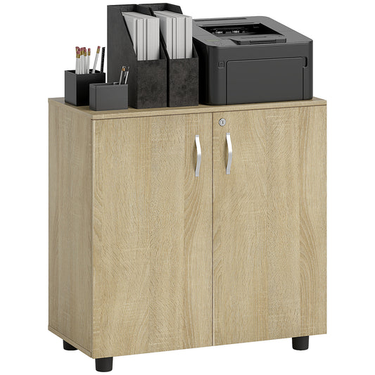 2 Tier Locking Office Storage Cabinet | 80x40x80cm | 2 Hinged Doors | Inner Shelf | 2 Keys | Anti-Slip Feet | Flat Top | 20kg | Oak