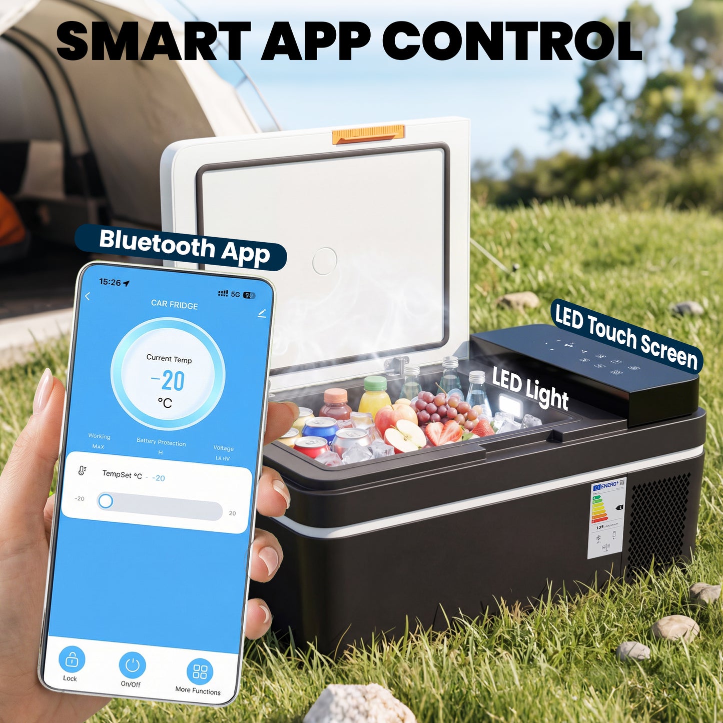 20L Compressor Car Fridge Freezer | Cools to 0°C in 15 Mins | -20°C to +20°C | Bluetooth App Control | LED Interior | MAX & ECO Modes | 12/24V DC & 100-240V AC | Black