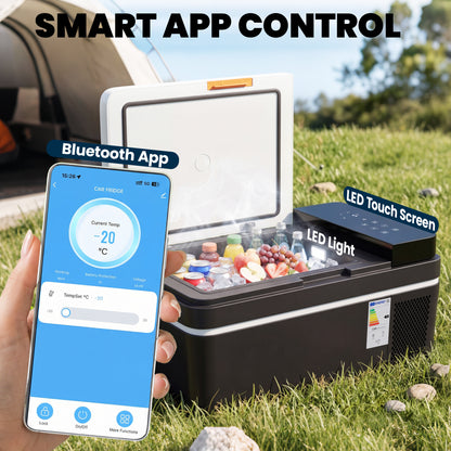 20L Compressor Car Fridge Freezer | Cools to 0°C in 15 Mins | -20°C to +20°C | Bluetooth App Control | LED Interior | MAX & ECO Modes | 12/24V DC & 100-240V AC | Black
