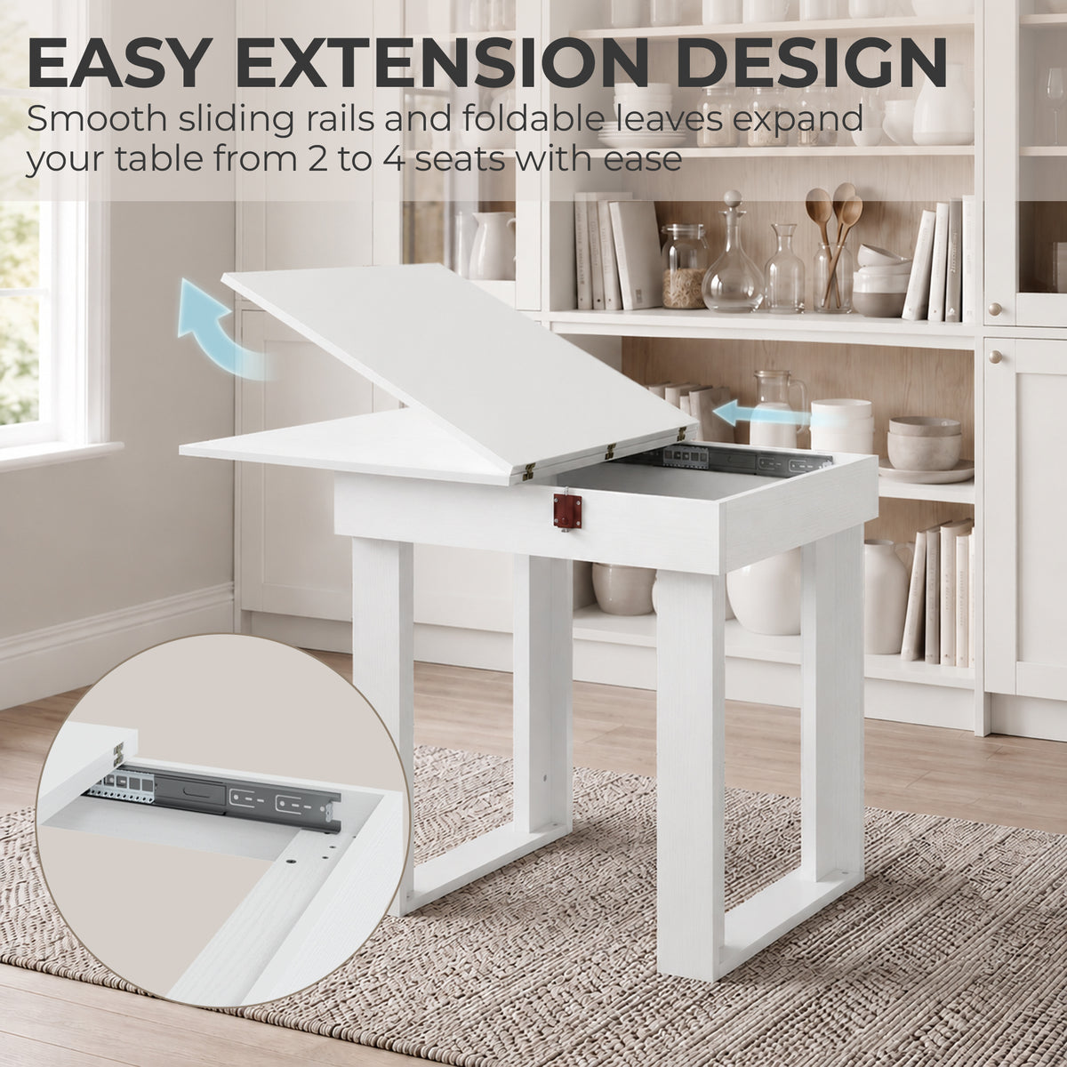 Extendable Folding Dining Table with Hidden Storage | Steel Rail | 70cm to 140cm | Seats 2 to 4 | Melamine Particleboard | Non-Slip Felt Pads | Wall-Flat Storage | White | 140x70x76.5cm | 80kg Capacity