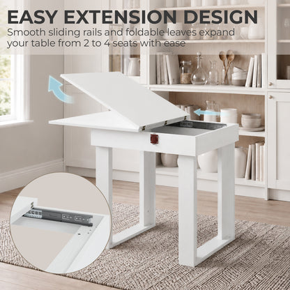 Extendable Folding Dining Table with Hidden Storage | Steel Rail | 70cm to 140cm | Seats 2 to 4 | Melamine Particleboard | Non-Slip Felt Pads | Wall-Flat Storage | White | 140x70x76.5cm | 80kg Capacity