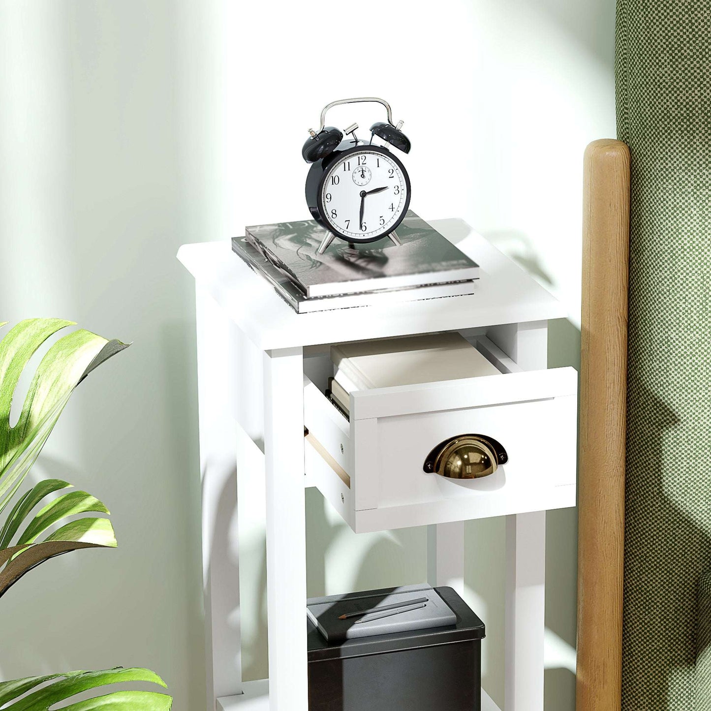 Set of 2 Side Tables | Drawer & Open Shelf | Slim 30x30x75cm | Anti-Tip | Elevated Base | MDF | White