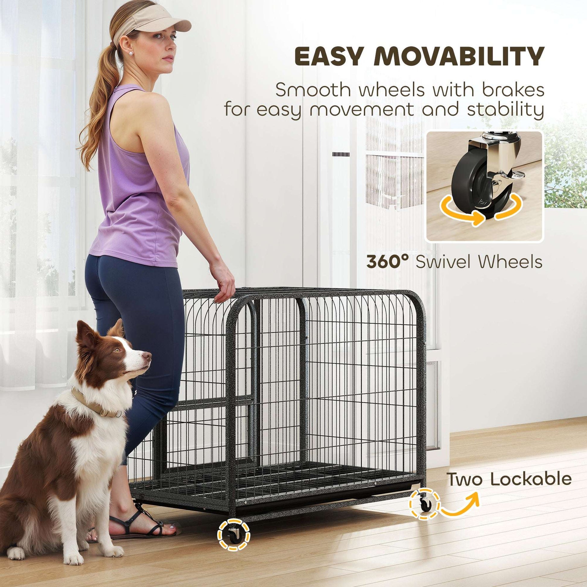Heavy Duty Dog Crate | 93x58x76cm | 3 Doors | Slide-Out Tray | 4 Wheels | Raised Base | 20kg | Black