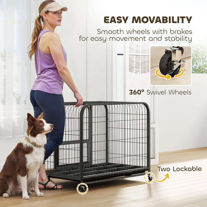 Heavy Duty Dog Crate | 93x58x76cm | 3 Doors | Slide-Out Tray | 4 Wheels | Raised Base | 20kg | Black
