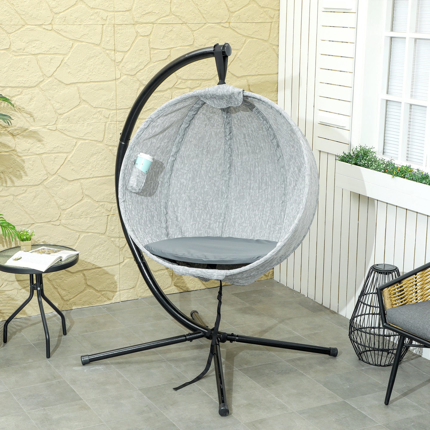 Hanging Egg Swing Chair Outdoor Indoor Garden with Folding Basket, Garden Hanging Chair with Stand, Thickened Cushion, Cup Holder for Patio, Balcony,