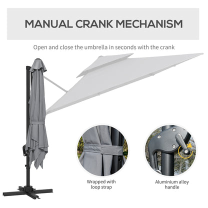 Outsunny 3 x 3(m) Cantilever Parasol with Aluminium Frame, Crank and Tilt, 360° Rotation, Double Top Garden Umbrella with Base and Cover, Light Grey