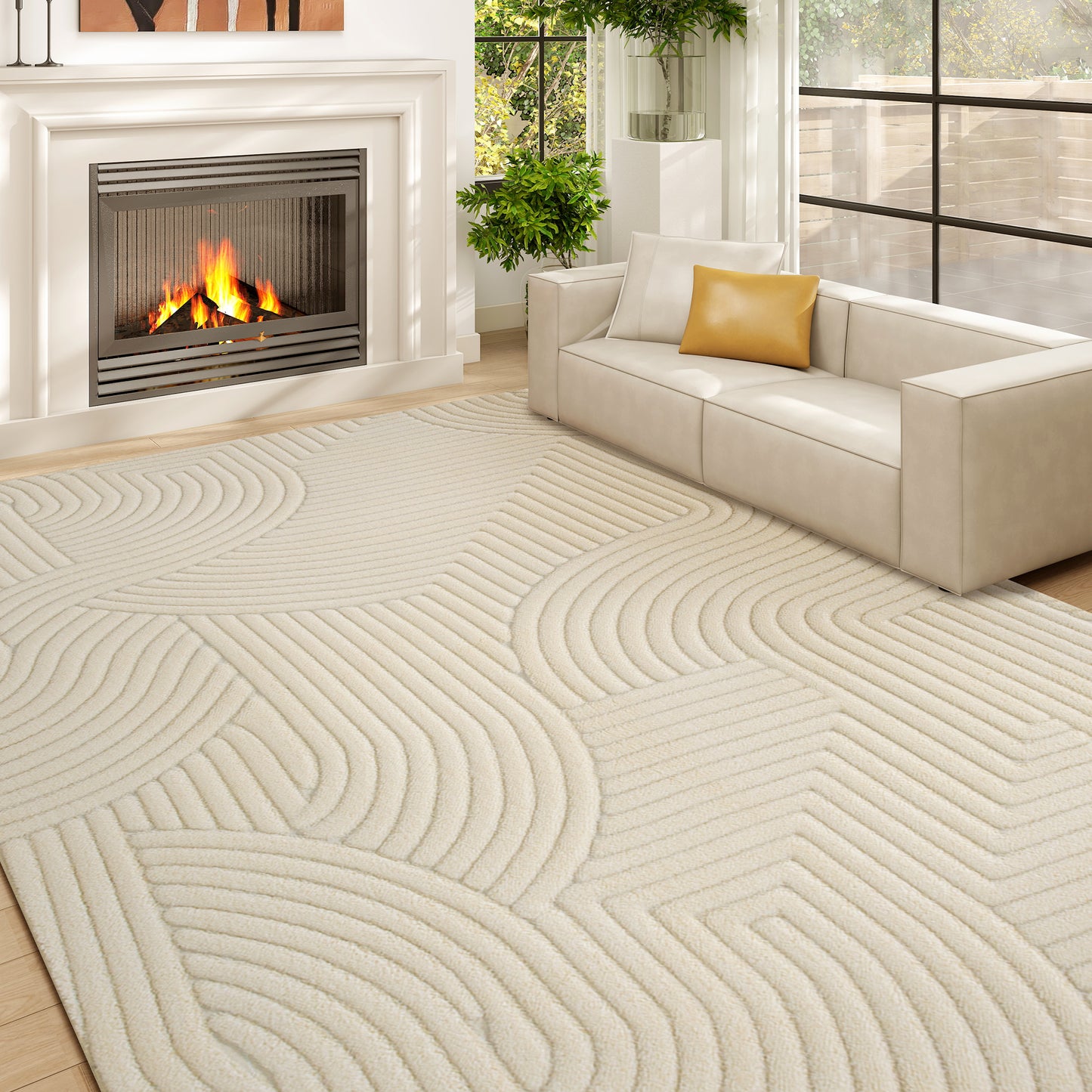 Modern Geometric Jacquard Rug | 15mm Plush Pile | Non-Slip Cotton-Polyester Backing | Reinforced Edges | 160x120cm | Cream