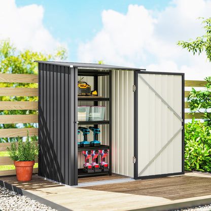 Lean To Steel Garden Shed with Latched Door | Galvanised Corrugated Steel | Sloped Roof | Dark Grey | 100x104x160cm | Inner 83x86cm | 20kg/m² Snow Load | No Rainwater Buildup | Assembly Required