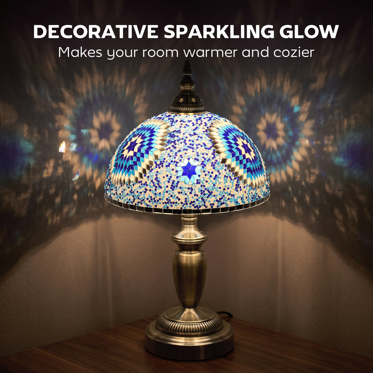 Tiffany-Style Stained Glass Bedside Table Lamp | Blue Coloured Glass Shade | Bronze-Tone Electroplated Frame | E27 Max 40W | Inline Switch | 1.5m Cable | 30x30x50cm | Blue