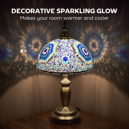 Tiffany-Style Stained Glass Bedside Table Lamp | Blue Coloured Glass Shade | Bronze-Tone Electroplated Frame | E27 Max 40W | Inline Switch | 1.5m Cable | 30x30x50cm | Blue