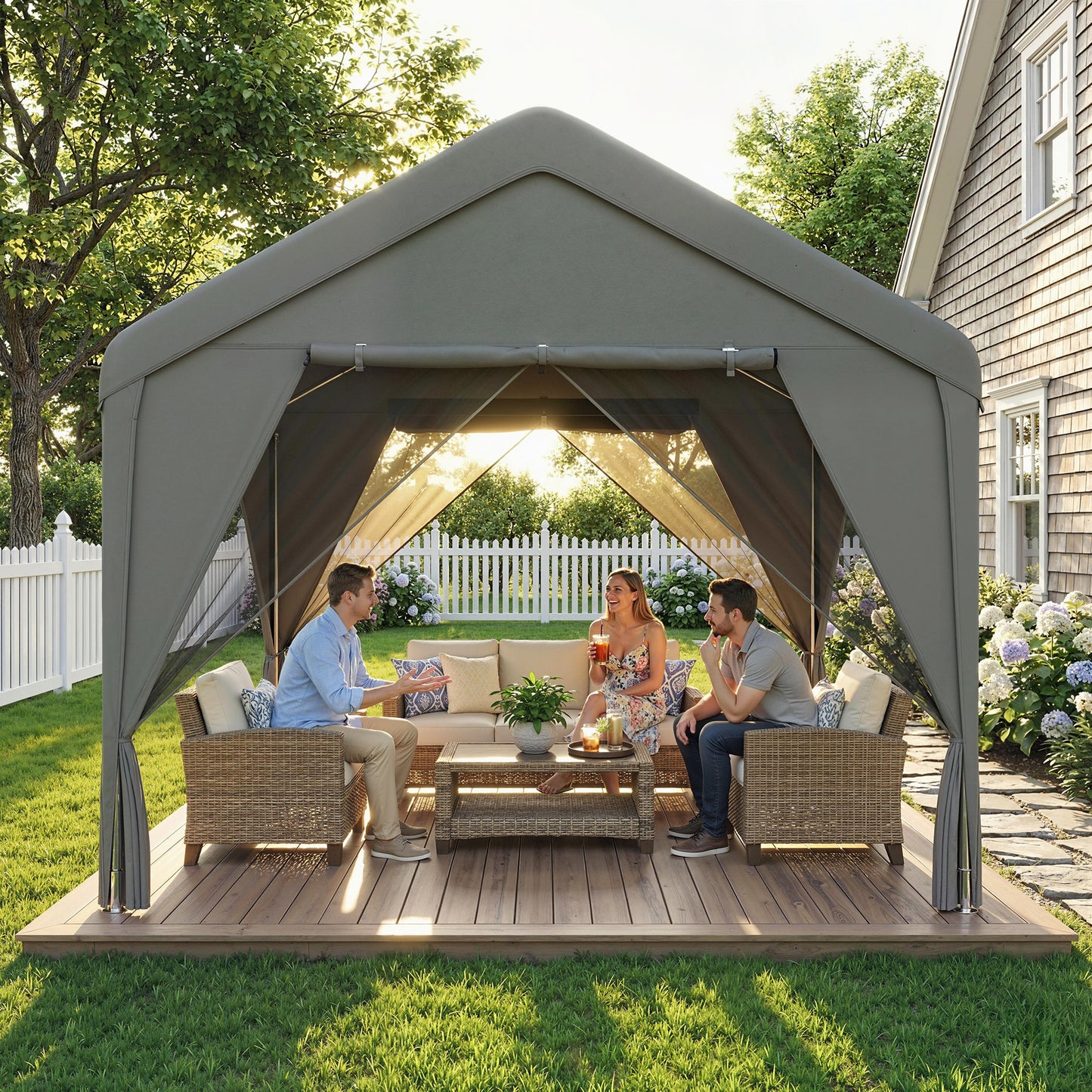 3x3m Garden Gazebo | Dual-Layer Sidewalls | Mesh Netting & Curtains | UV30+ PVC-Coated Apex Roof | 2 Roll-Up Doors & 2 Side Doors | Galvanised Steel Frame | Seats 6-9 | 295x300x278cm | Dark Grey