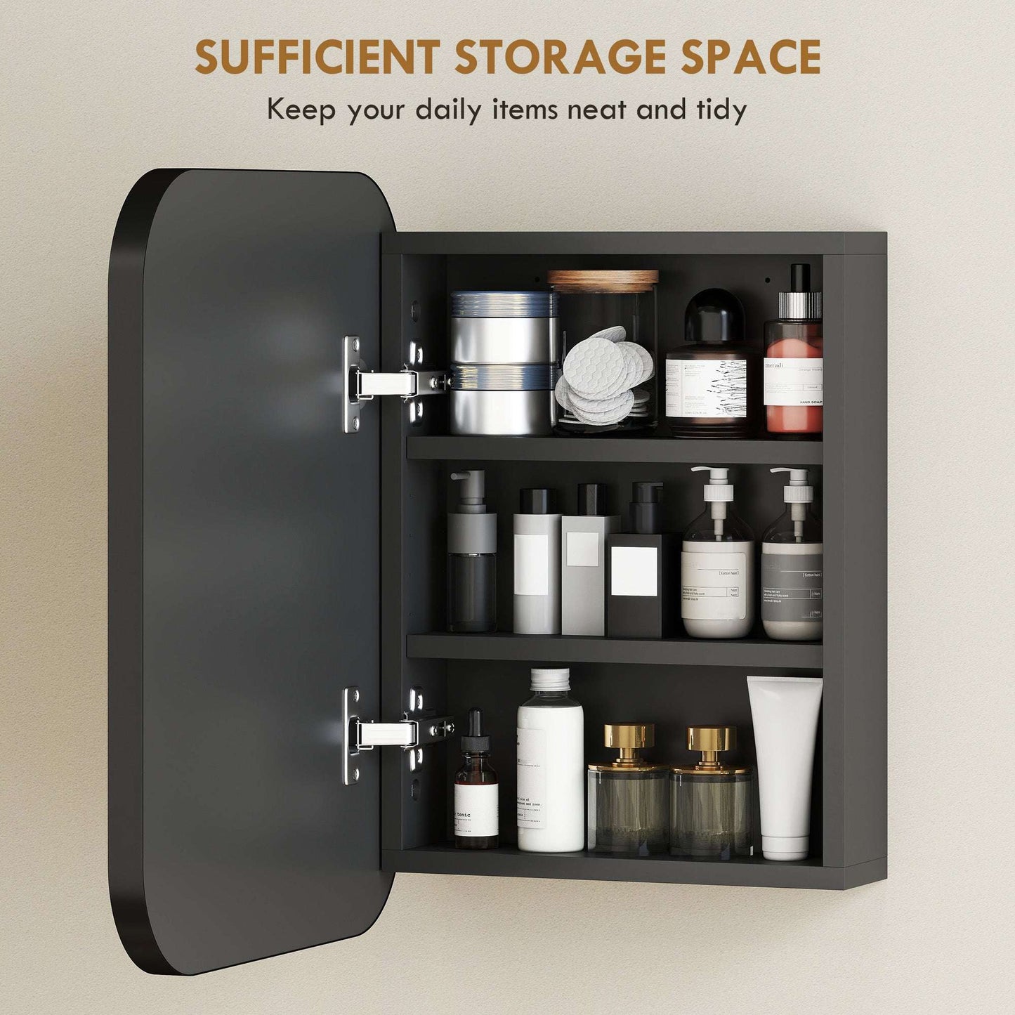 Bathroom Mirror Cabinet | Wall Mounted | 2 Adjustable Shelves | Soft Close Hinges | Arc Mirror | 40x10x51cm | 6kg | Black