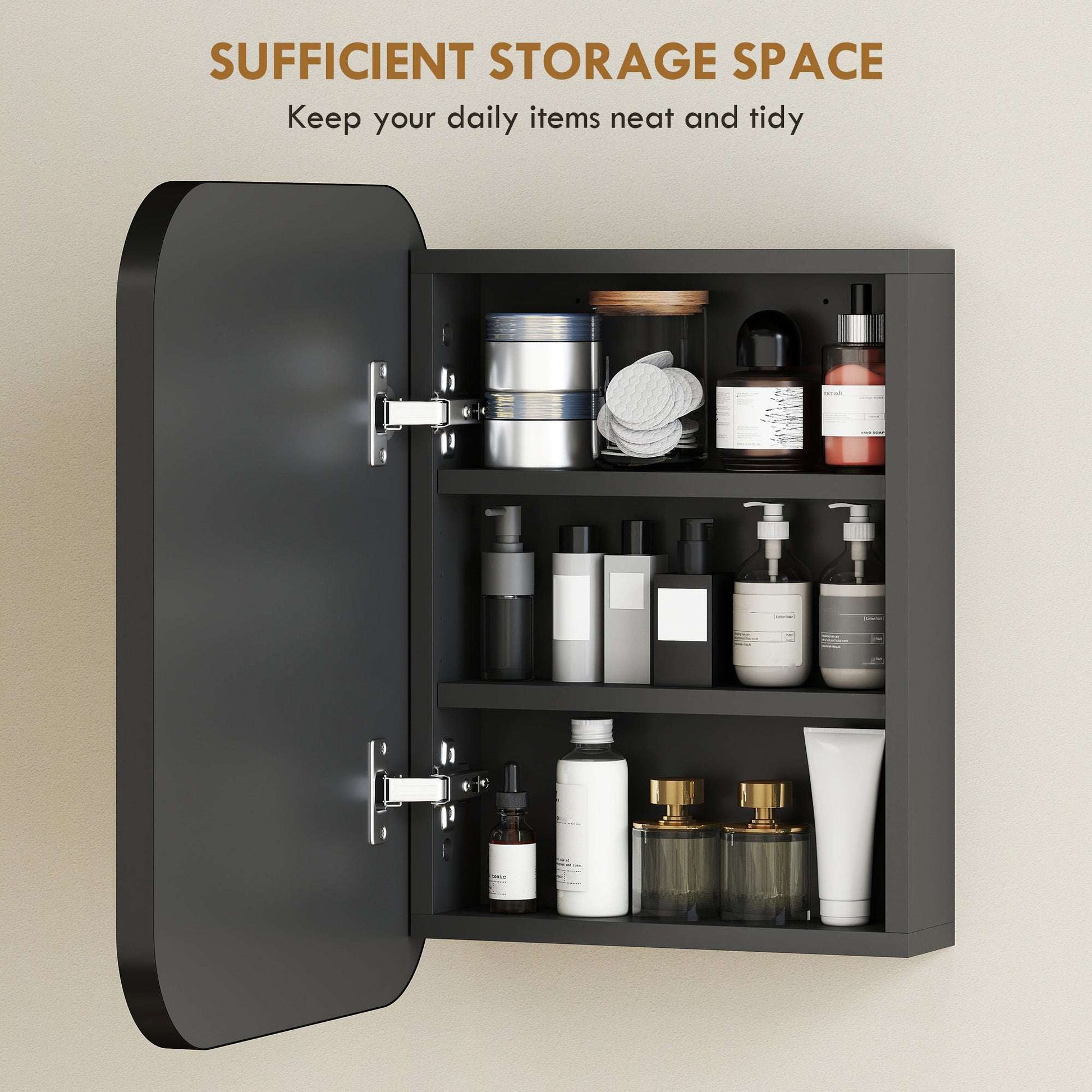 Bathroom Mirror Cabinet | Wall Mounted | 2 Adjustable Shelves | Soft Close Hinges | Arc Mirror | 40x10x51cm | 6kg | Black