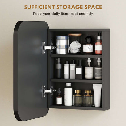 Bathroom Mirror Cabinet | Wall Mounted | 2 Adjustable Shelves | Soft Close Hinges | Arc Mirror | 40x10x51cm | 6kg | Black
