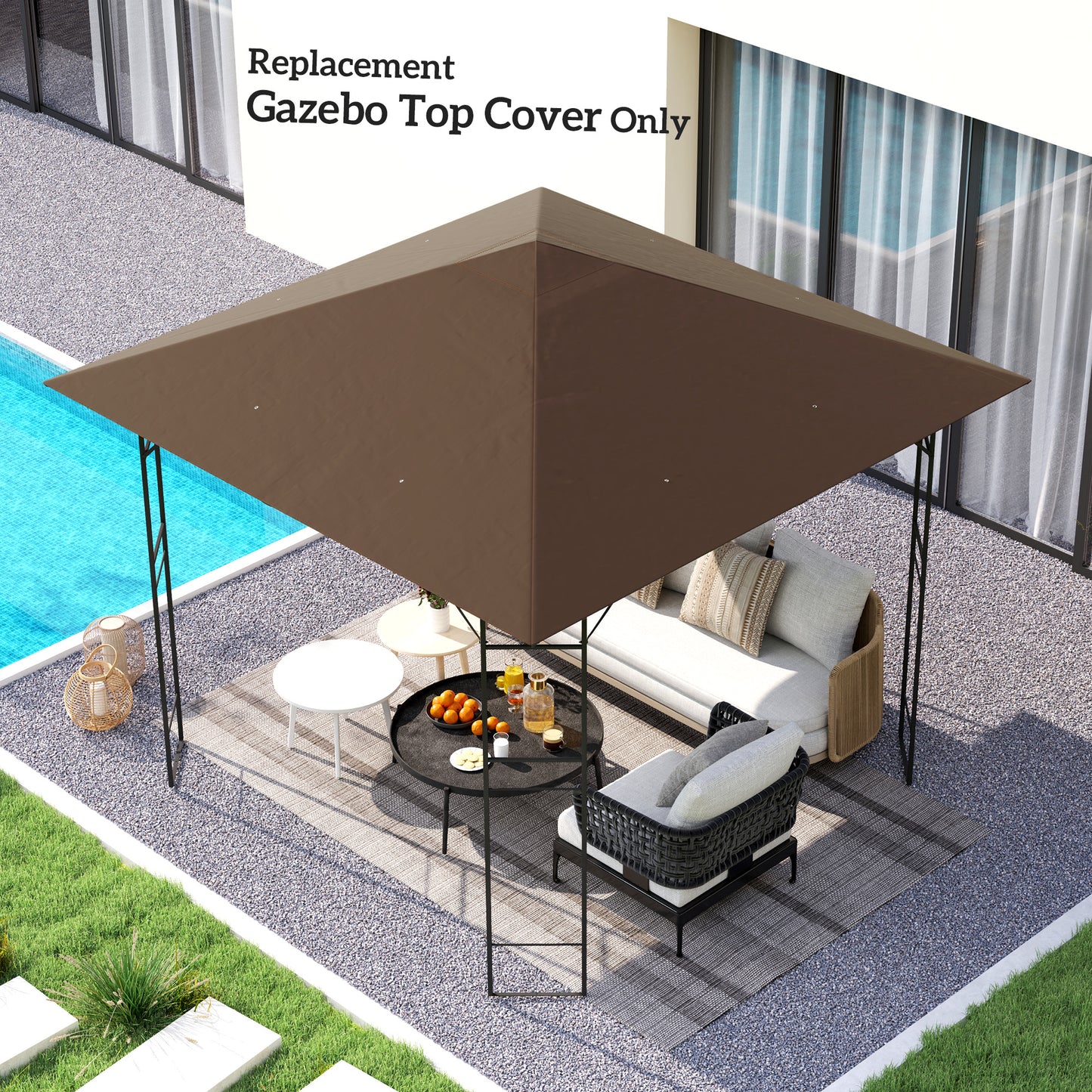 Outsunny 3 x 3(m) Gazebo Canopy Replacement Cover, Garden Gazebo Roof Replacement with Drain Holes, Water-resistant Plastic Coating, 370g/㎡, UPF30+, Brown