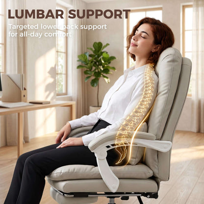 Ergonomic Executive Reclining Office Chair | 155° Recline | Retractable Footrest | Lumbar Pillow & Headrest | 16.5cm Seat Cushion | EN1335 & BS5852 Certified | 120kg Capacity | Khaki