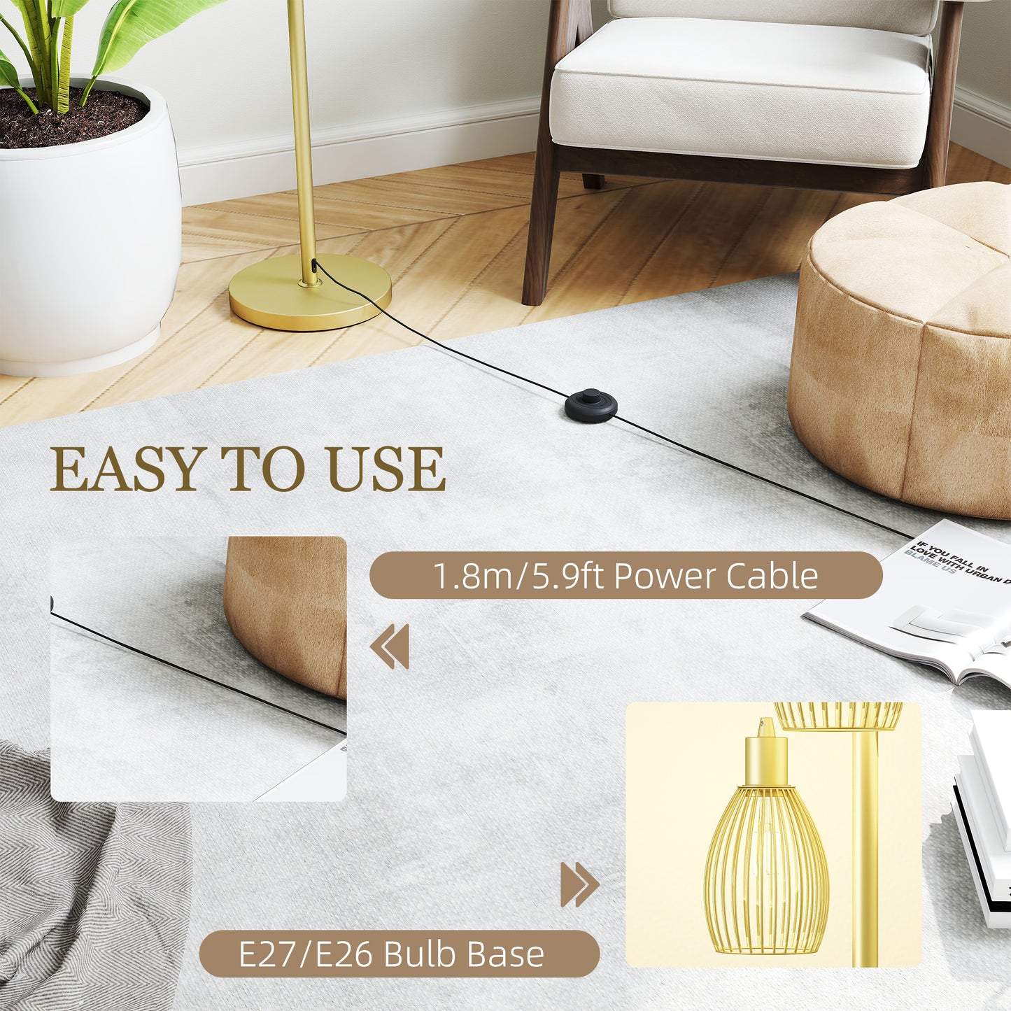 70cm Industrial 3-Light Floor Lamp, Dimmable Standing Lamp with Steel Lampshades for Living Room, Bedroom, Dinging Room, Study, Gold Tone