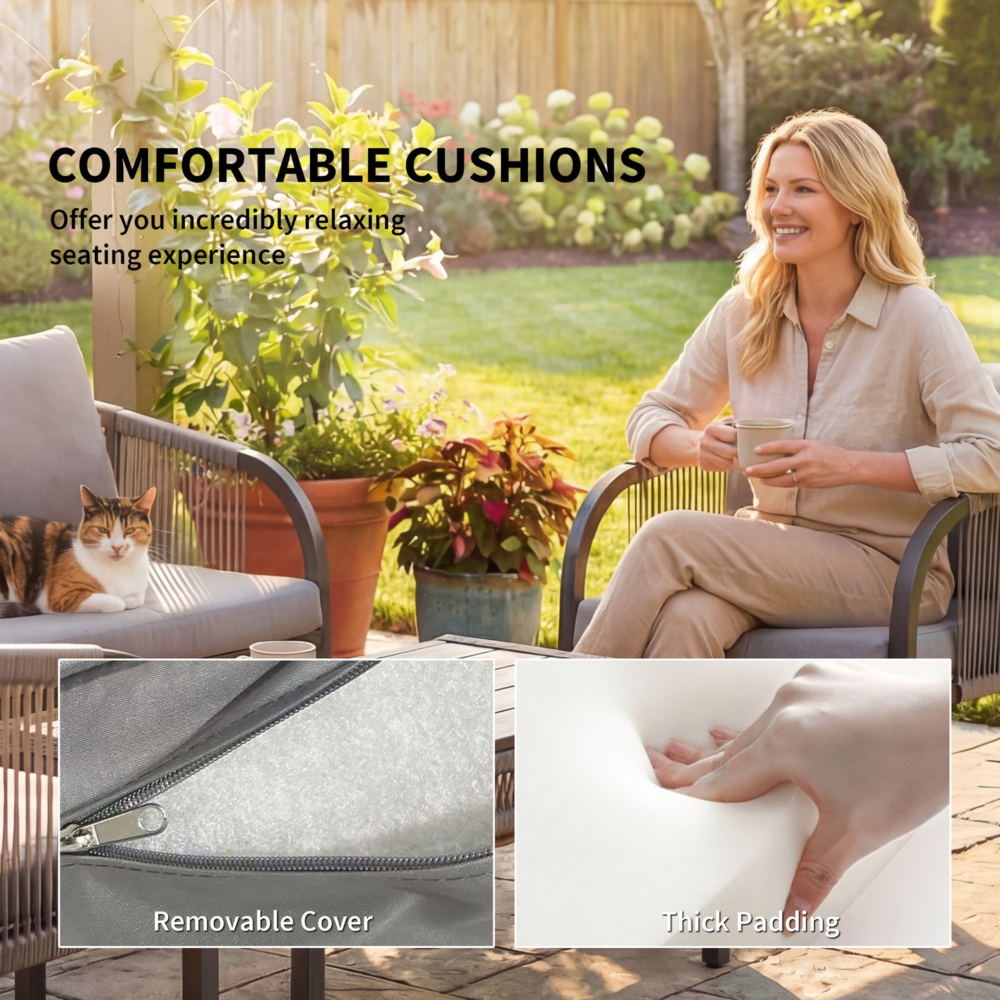 4 Piece Rattan Garden Furniture Set | Loveseat | 2 Armchairs | Wood-Effect WPC Coffee Table | Round PE Wicker | Powder-Coated Steel | Washable Cushions | 120kg | Grey