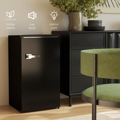 Under Counter Fridge, 85L Small Retro Vintage Style Refrigerator with Chiller Box, Adjustable Thermostat, Glass Shelves, Black