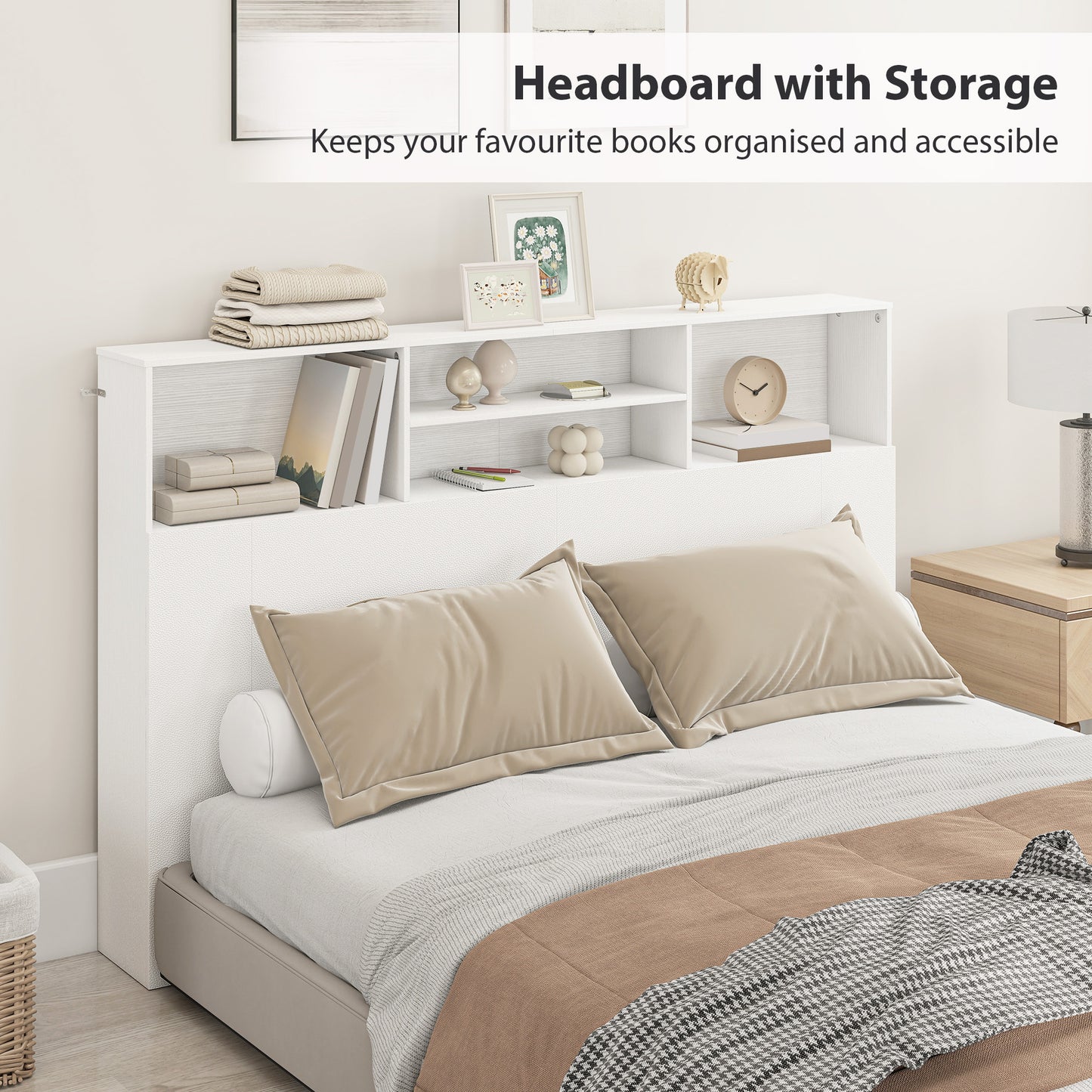 King Size Headboard with Storage | 4 Open Compartments | Freestanding | Scratch-Resistant Melamine | Anti-Tip Kit | White | 160cm