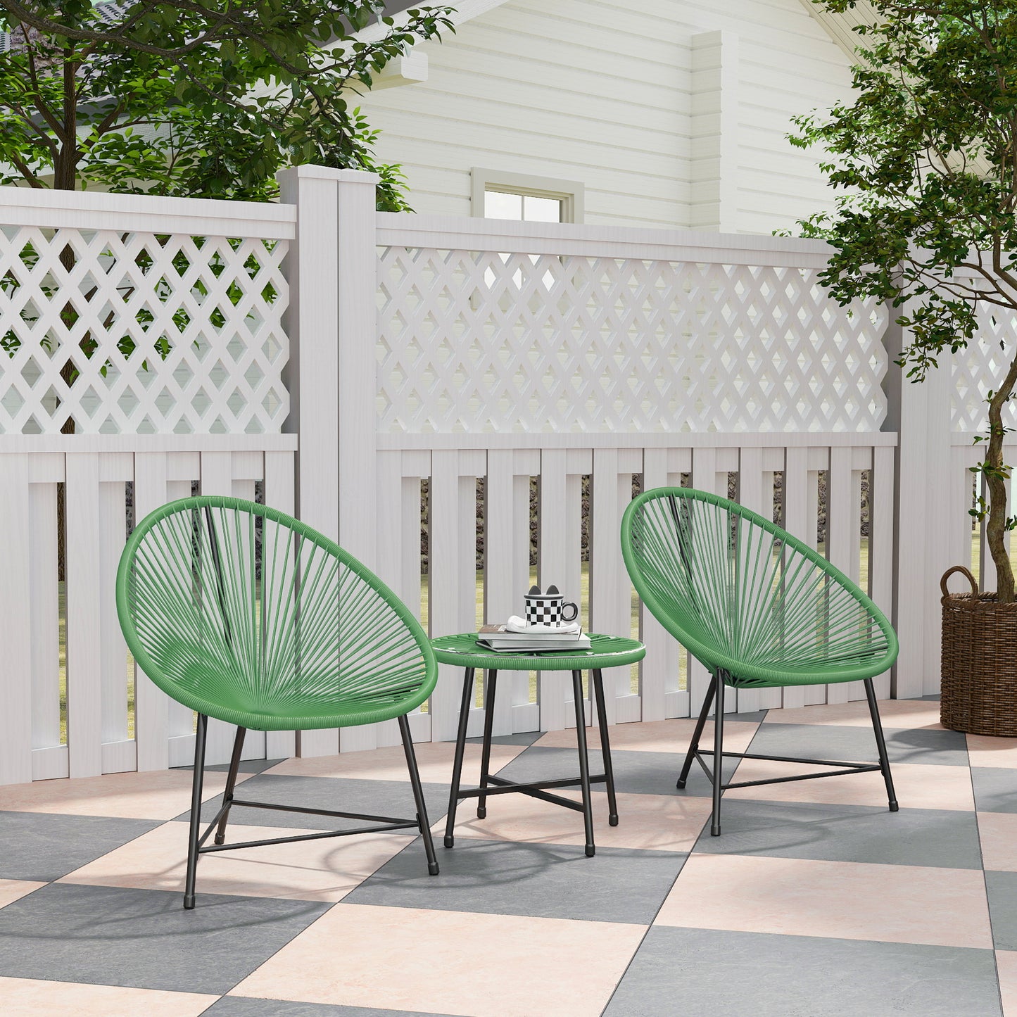 3 Piece Acapulco Style Rattan Bistro Set | 2 Oval Chairs | Tempered Glass Coffee Table | PE Rattan | Powder Coated Steel | 120kg | Green