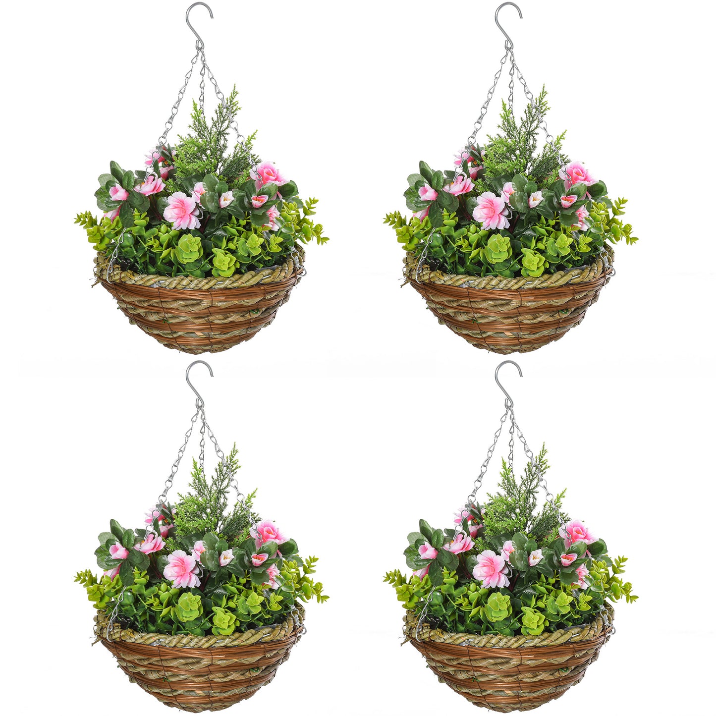 Set of 4 Artificial Hanging Lisianthus Flower Baskets | 18 Faux Flowers & 72 Leaves Per Pot | Wicker Basket | 30cm Metal Chain & Hook | Indoor & Outdoor | Ø25 x 34cm | Pink & Green