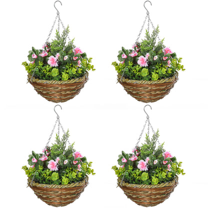 Set of 4 Artificial Hanging Lisianthus Flower Baskets | 18 Faux Flowers & 72 Leaves Per Pot | Wicker Basket | 30cm Metal Chain & Hook | Indoor & Outdoor | Ø25 x 34cm | Pink & Green