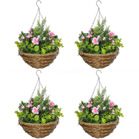 Set of 4 Artificial Hanging Lisianthus Flower Baskets | 18 Faux Flowers & 72 Leaves Per Pot | Wicker Basket | 30cm Metal Chain & Hook | Indoor & Outdoor | Ø25 x 34cm | Pink & Green